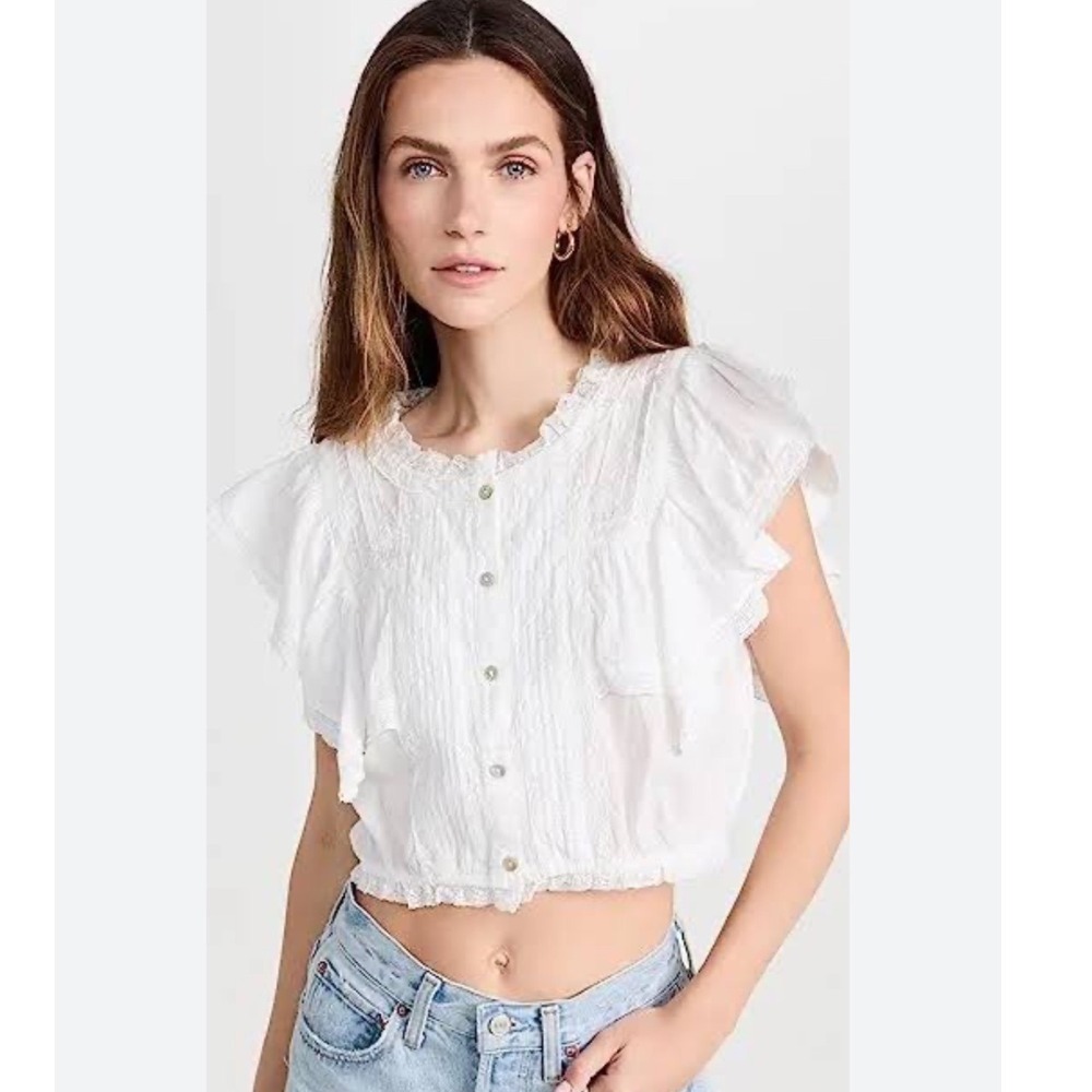 LoveShackFancy Nora Lace White Cotton Pintuck Ruffle Crop Top Blouse Cottagecore